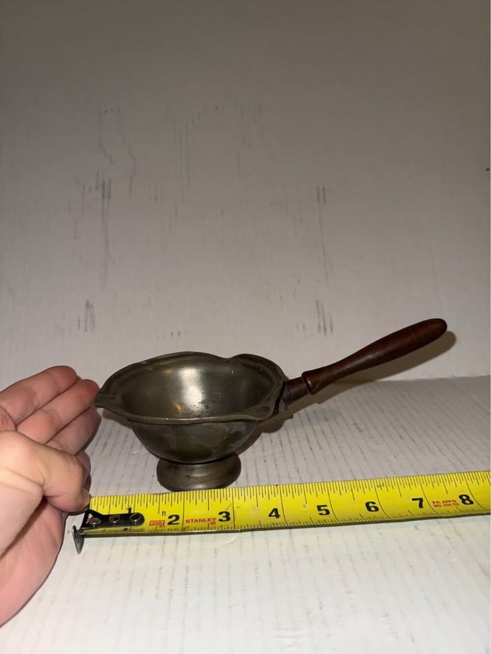 LADLE BOWL vtg pewter wood handle antique german angel wings scales 3 pour spout